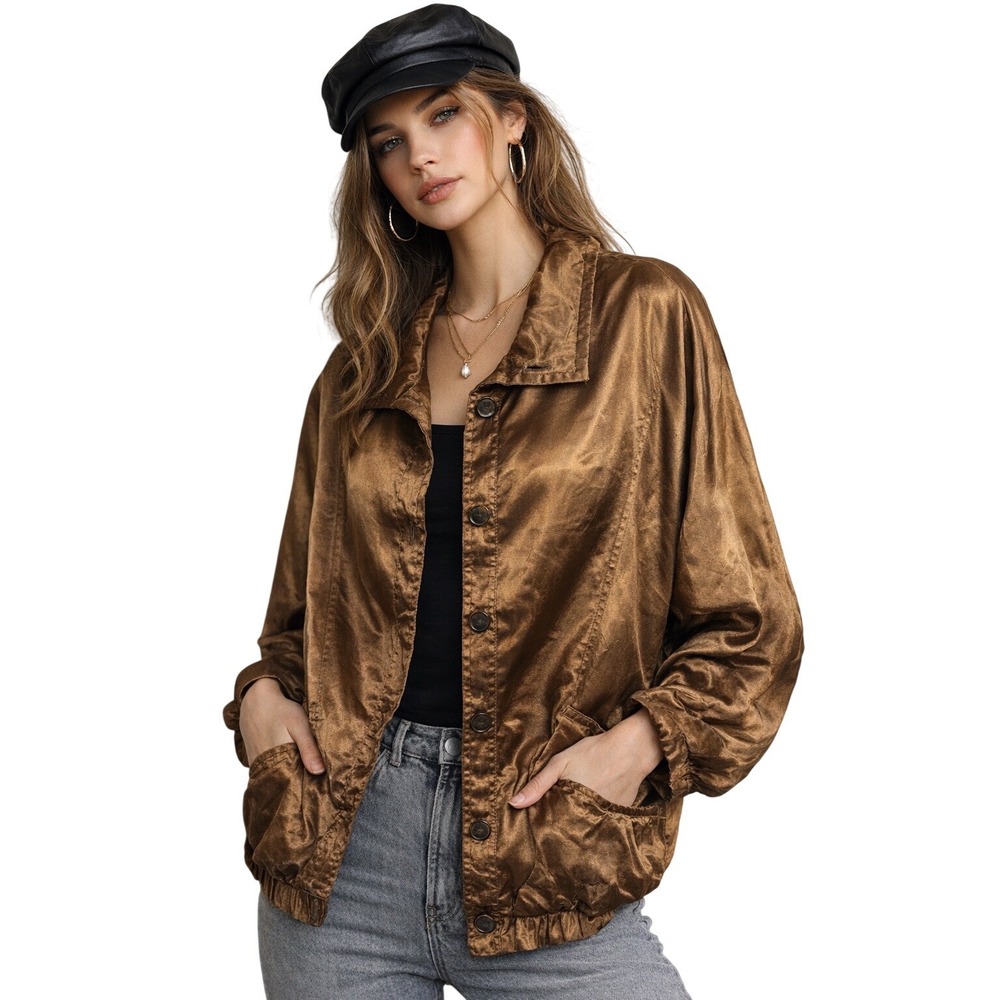 Vintage Vision Bronze Satin Bomber Jacket USA Dolman Sleeve Button Front Sz L/XL